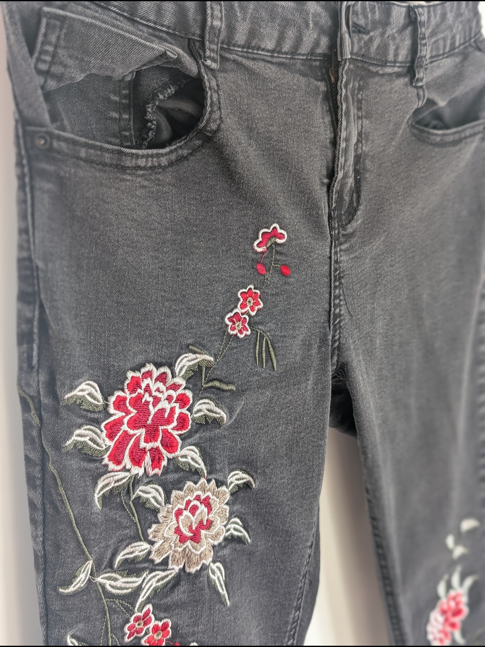 Streetwear Society Women's Skinny Jeans with Red & Cream Floral Embroidery